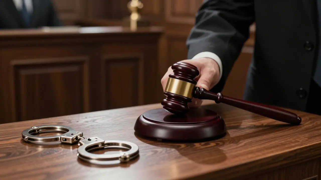 Courtroom scene with judge's gavel and handcuffs on table
