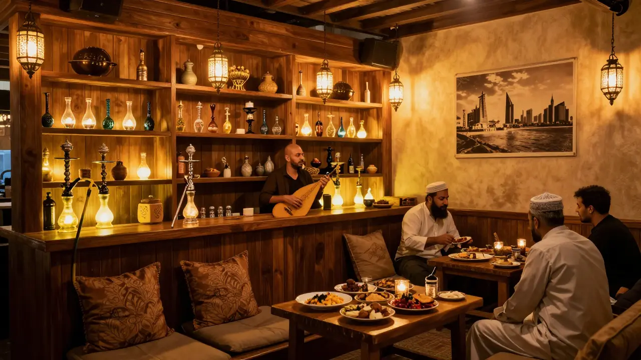 Cozy Lebanese bar with shisha, mezze platters, and warm lantern lighting, locals relaxing on cushions.