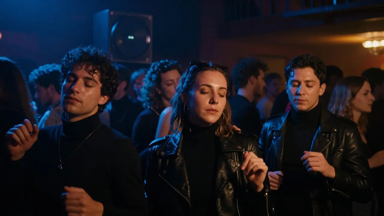 Crowd dancing in a dark techno club with pulsing lights and intense sound energy.