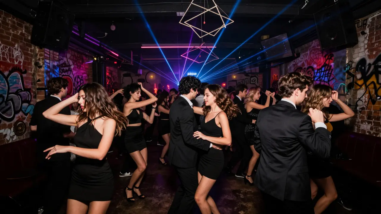 Dancers in stylish attire under neon lights inside Alcatraz club, pulsing with energy at 2 a.m.