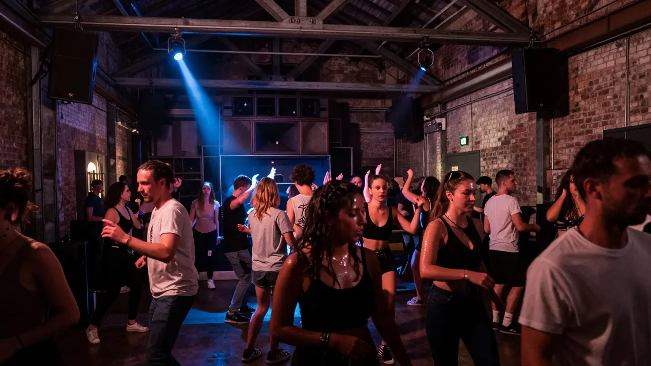 Dancers move passionately in Concrete nightclub, an industrial warehouse with exposed brick and intense strobe lighting.