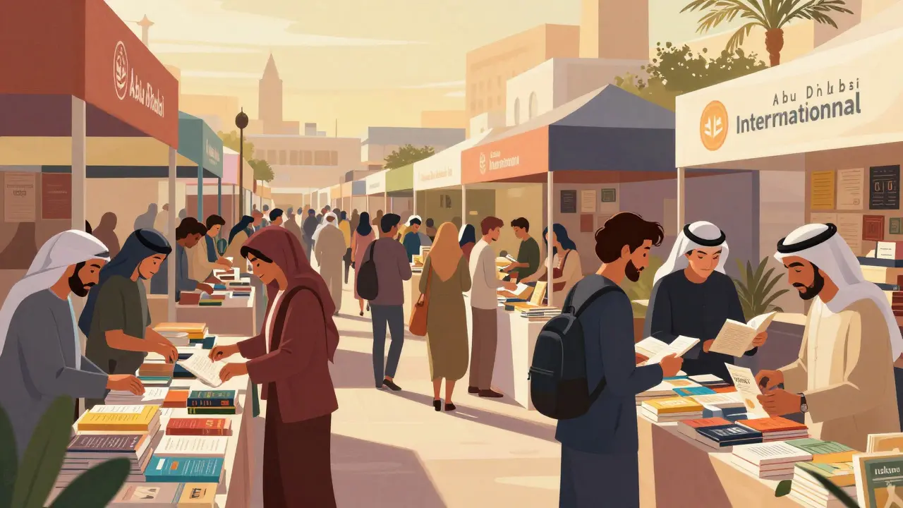 Diverse crowd browsing books at Abu Dhabi International Book Fair
