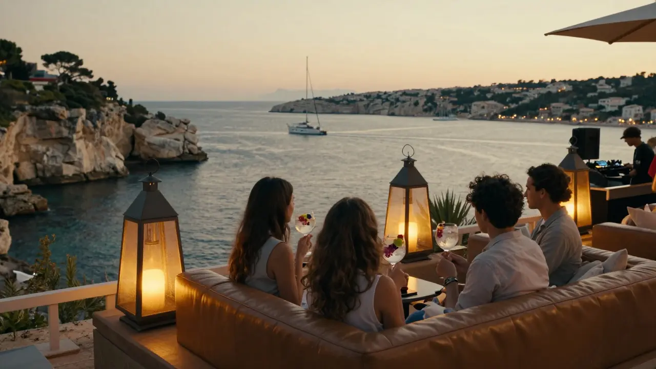 Elegant cliffside lounge at sunset, guests on leather couches with lanterns and harbor views.