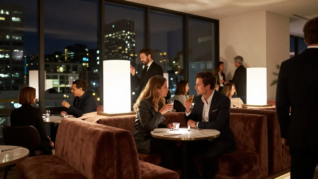 Elegant nightlife scene at Corso Como 10 with stylish patrons and modern art in the background.