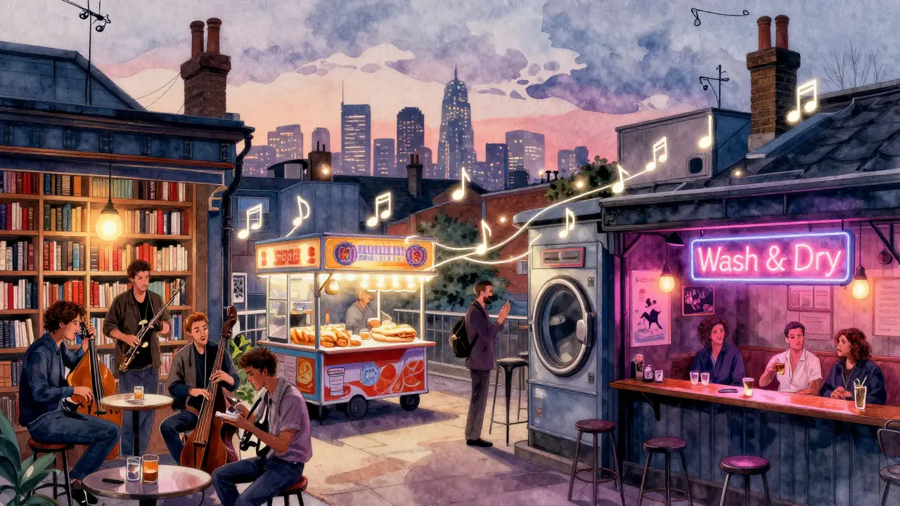Hidden London nightlife moments: jazz in a bookshop, hot dogs on a rooftop, a basement bar under a laundromat, all connected by glowing music notes.