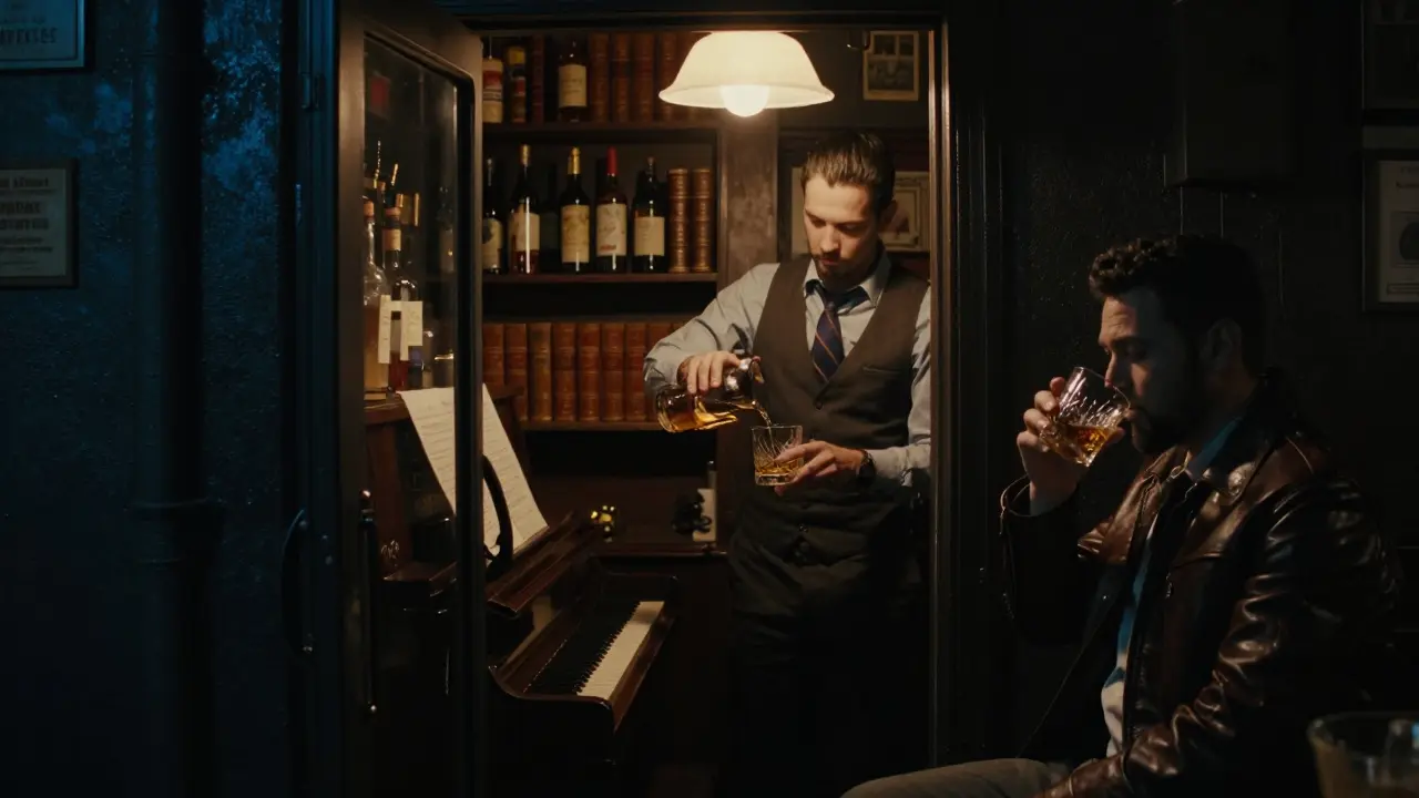 Hidden speakeasy behind a fridge door, bartender pouring whiskey as a piano plays softly in the corner.