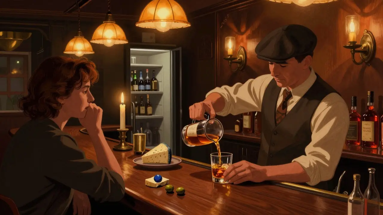 Inside The Blind Pig speakeasy, a bartender pours bourbon by candlelight, blue cheese olives on the counter, a fridge door slightly open revealing a hidden passage.
