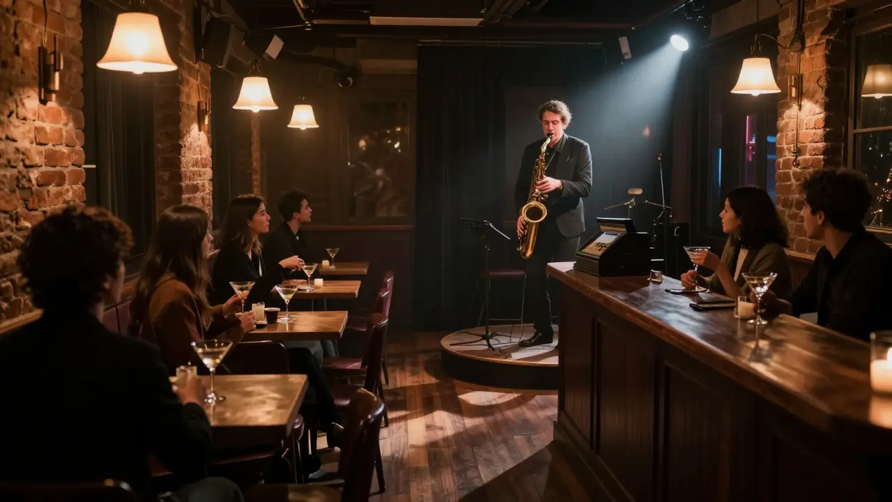 Intimate jazz club interior with a musician playing saxophone under soft lighting.