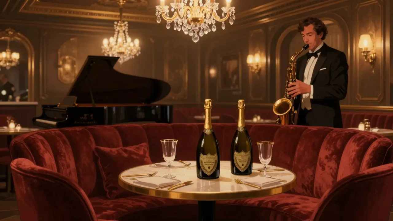 Intimate jazz lounge with velvet couches, crystal flutes, and a saxophonist under warm amber lighting.