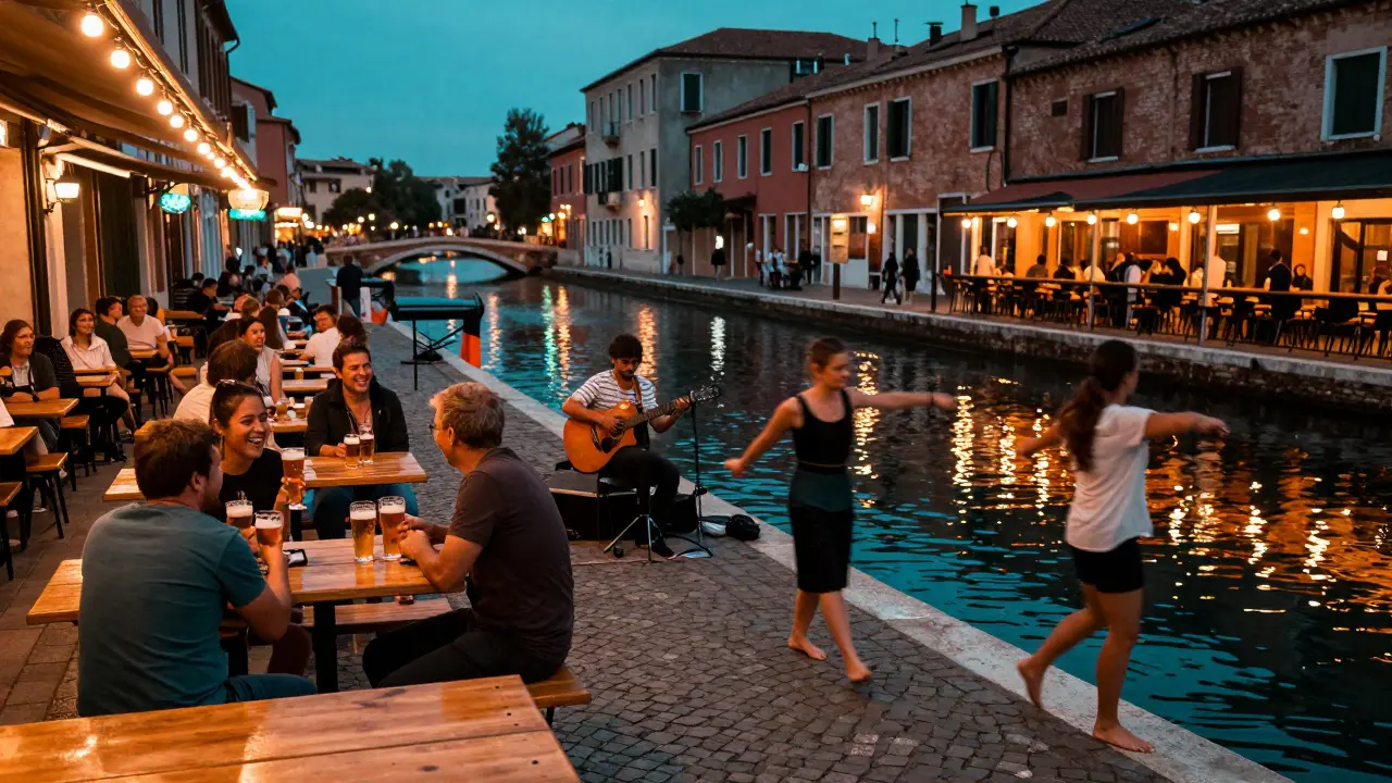 Locals enjoying craft beer and dancing barefoot along the lit Navigli canal at night.