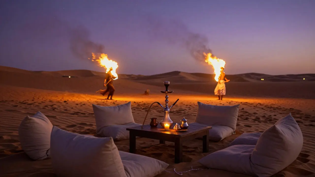 Luxury desert lounge with fire dancers, shisha, and starry sky under warm lantern glow.