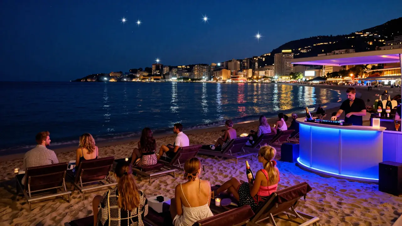 Neon-lit beach transformed into a midnight party with loungers, cocktails, and reflections on the Mediterranean.