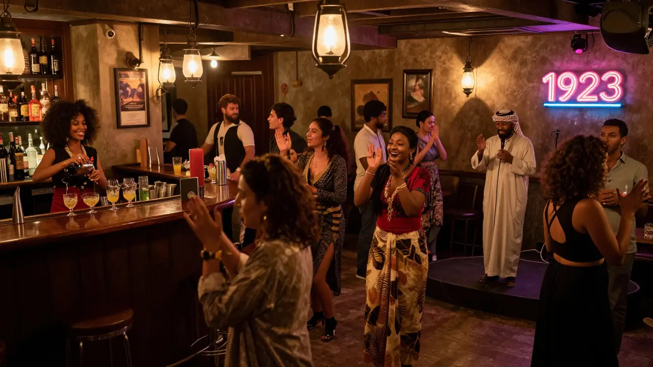 People of many backgrounds dancing and laughing together inside Bar 1923, a cozy basement venue lit by lanterns and neon signs.