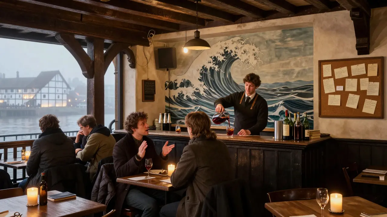 Post-theater patrons at a historic 17th-century inn quote Shakespeare, surrounded by candles, corkboard poetry, and foggy Thames views.