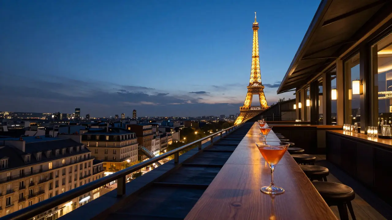 Rooftop bar view of Paris skyline with Eiffel Tower at night