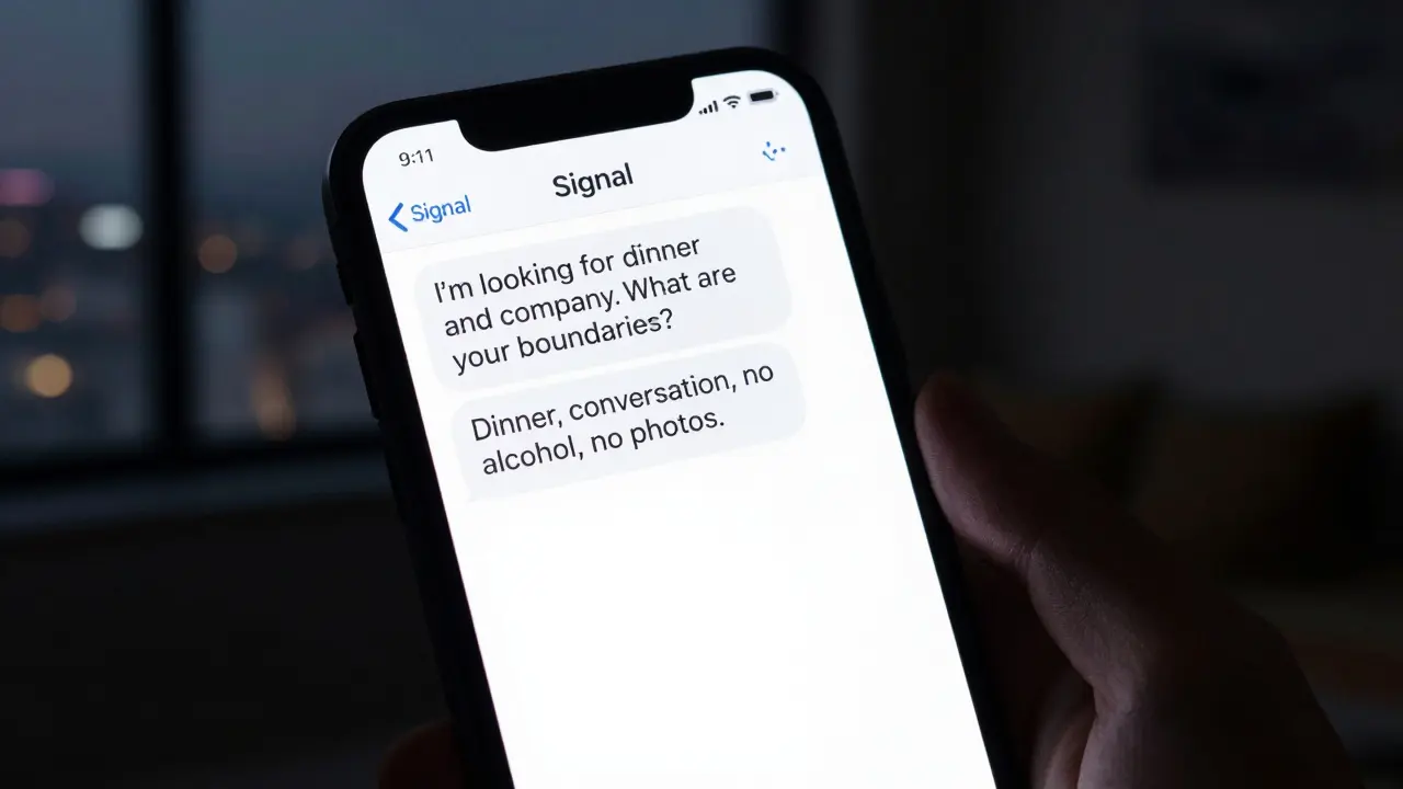 Smartphone screen showing a respectful text exchange about boundaries for an evening meeting.