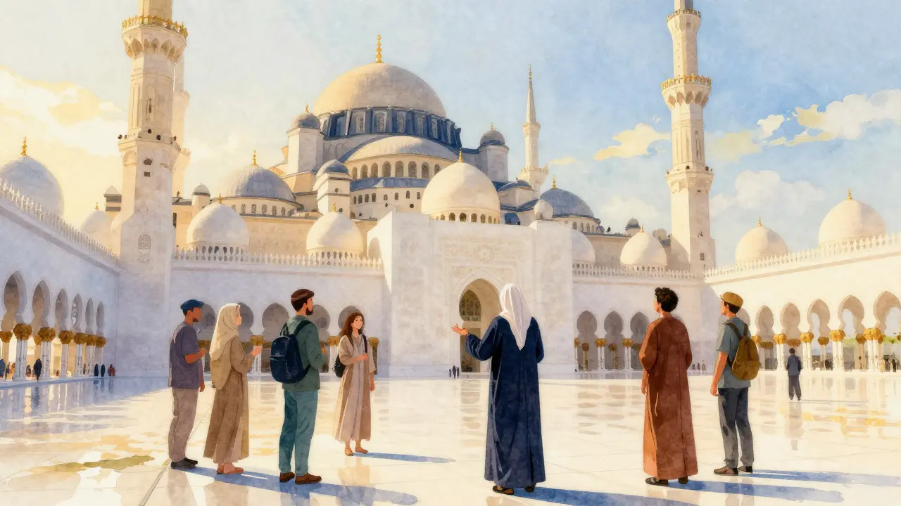 Tour guide leading group at Sheikh Zayed Grand Mosque during sunset.