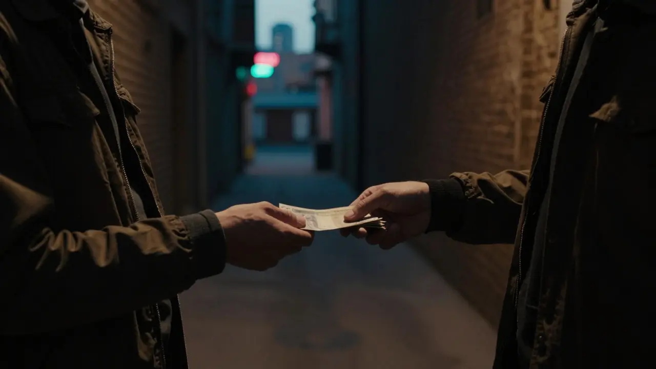 Tourist handing cash in dim alley, shadowy figure, suspenseful scene.