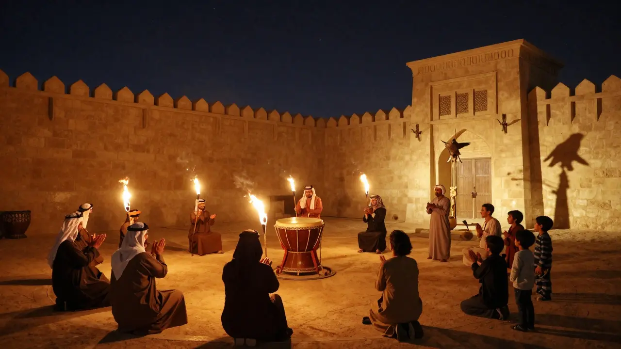 Traditional Emirati performers under the stars at Qasr Al Hosn, lit by torches and surrounded by drummers and falconers.