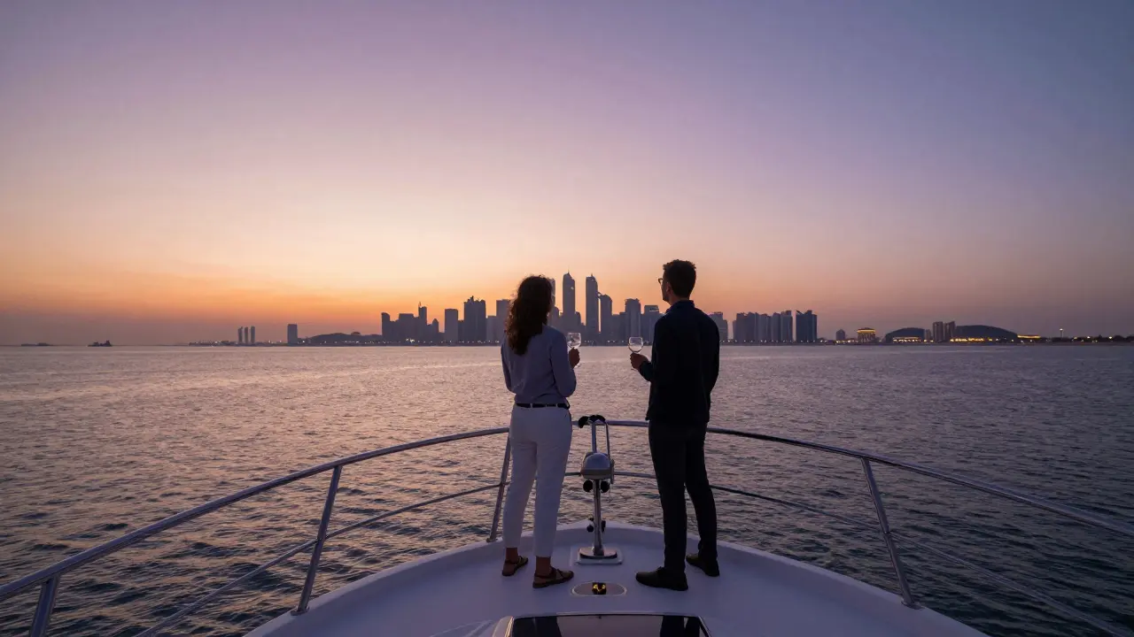 Two figures on a private yacht at sunset, facing the horizon, their identities obscured, embodying quiet elegance and trust.