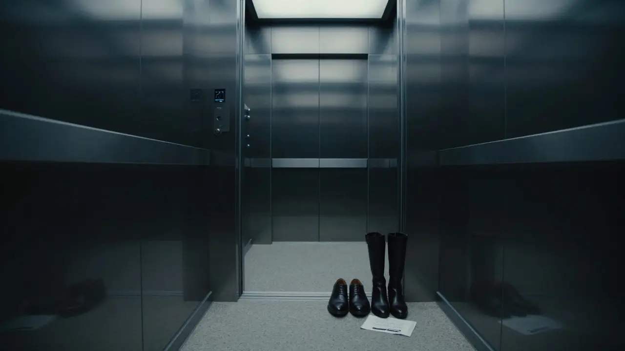 Two pairs of shoes sit outside a closed door in a Berlin high-rise, hinting at a private meeting.
