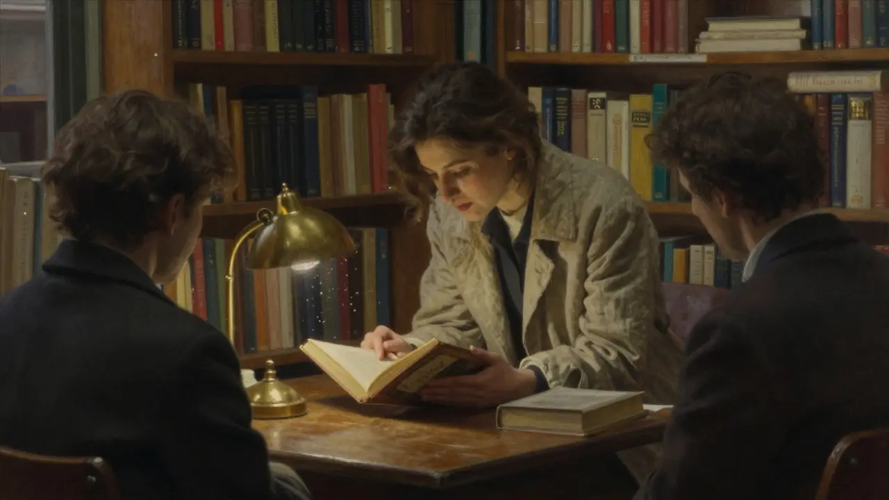 Two people engage in quiet conversation over a book in a cozy Parisian bookstore, lit by a single lamp.
