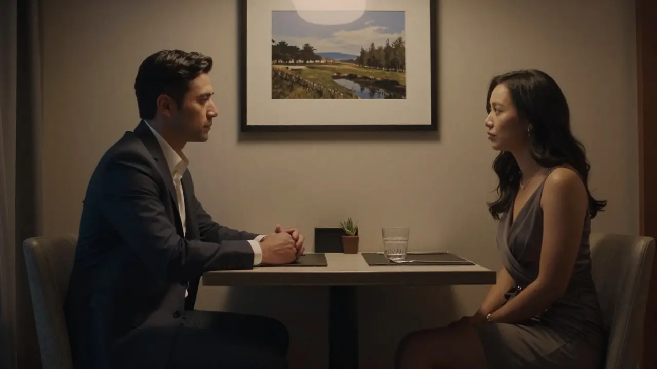 Two people in a hotel room, seated across a table, maintaining respectful distance with no physical contact.