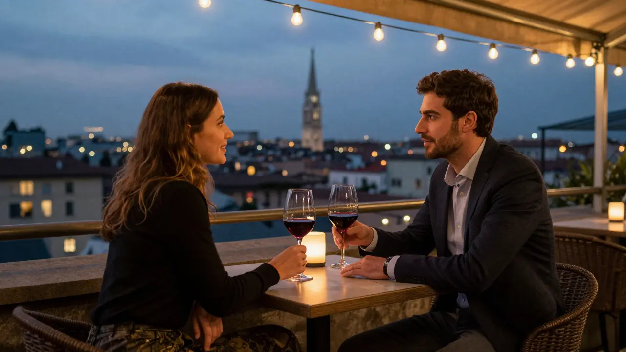 Two people meet for the first time at a rooftop wine bar in Milan, talking openly under string lights with the city skyline in the background.