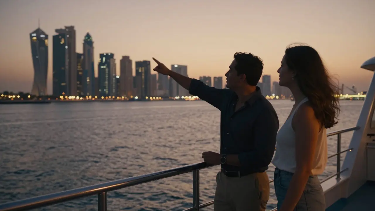 Two people on a Dubai Marina cruise at dusk, sharing a moment while admiring the city lights.