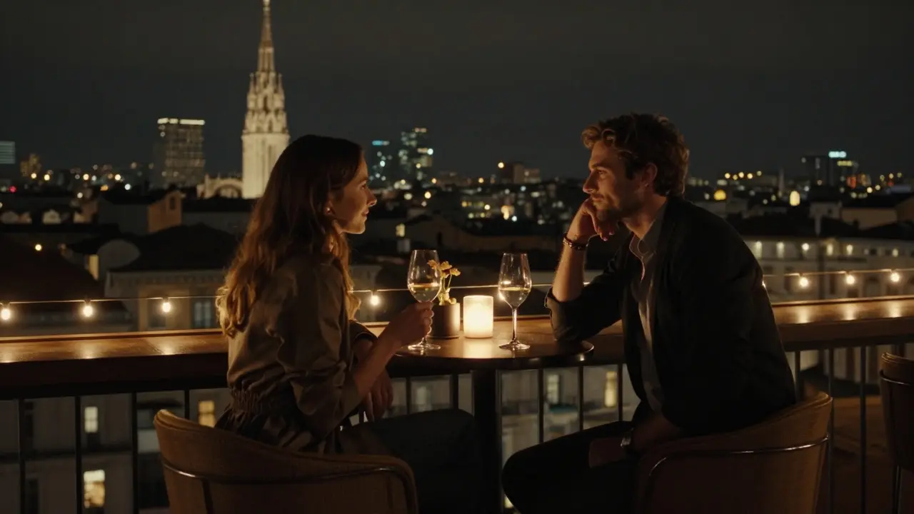 Two people share a quiet moment on a Milan rooftop bar at night, city lights glowing behind them.