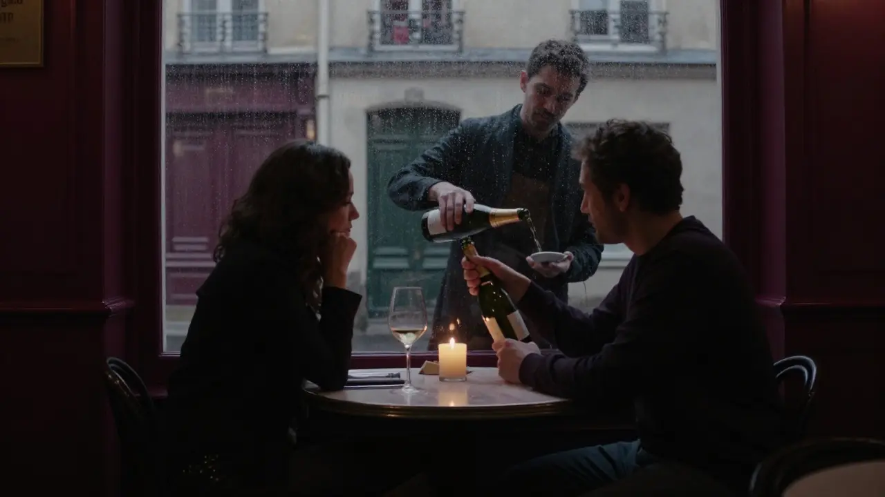 Two people share Champagne in a dim bistro, candlelight casting shadows as rain falls outside.