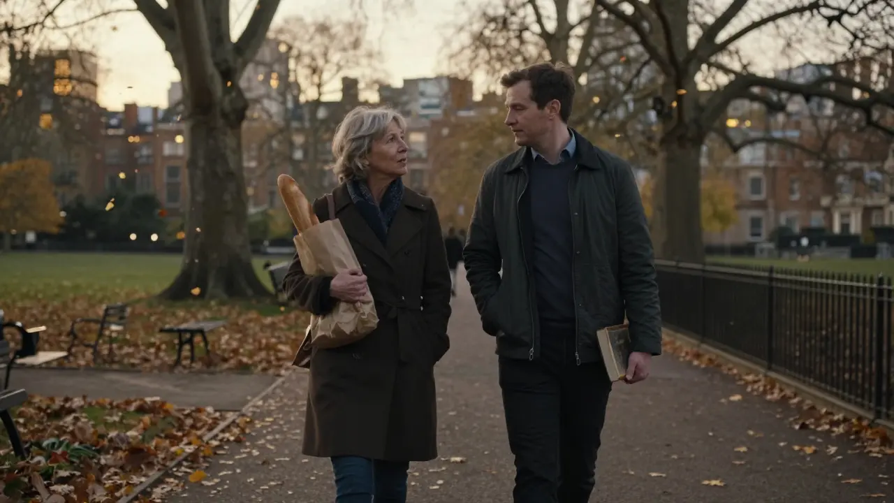 Two people walk peacefully through Hyde Park at dusk, connected by companionship, not romance.