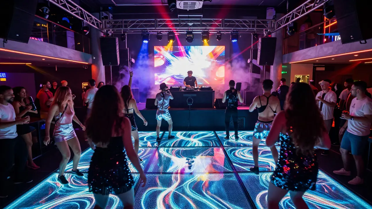 Vibrant nightclub with LED dance floor, DJ on stage, and energetic crowd in flashy attire under pulsing lights.