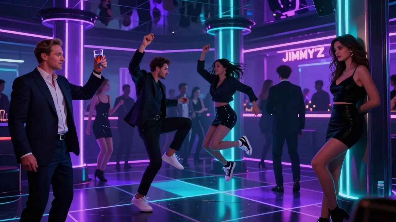 Vibrant nightclub with neon lights, mirrored ceilings, and a diverse crowd dancing on a sunken floor.