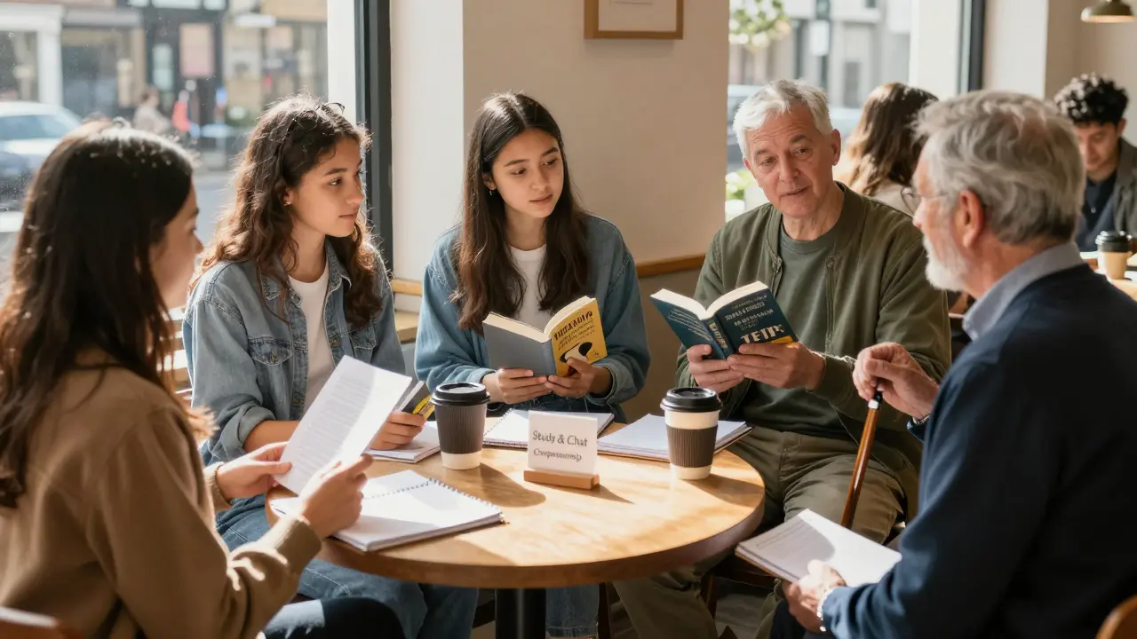 Young students and an elderly man sharing a warm moment in a Camden café, exchanging stories and books.