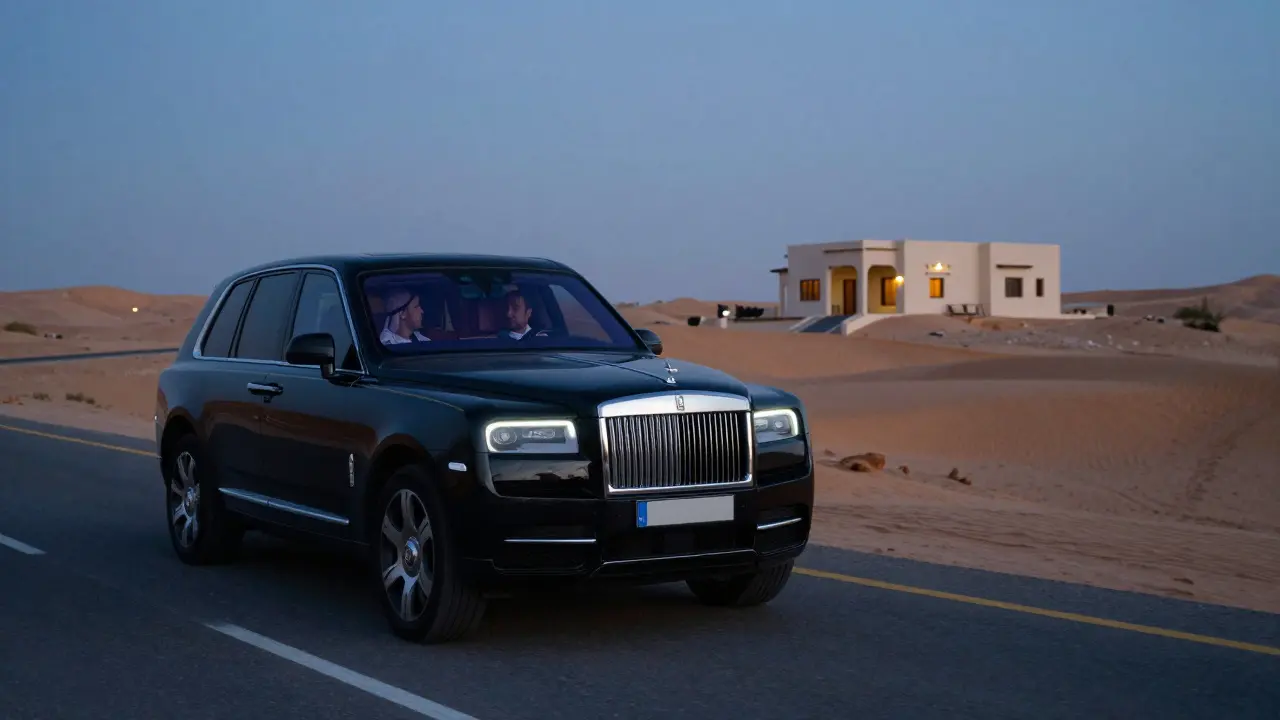 A black SUV with tinted windows driving through desert roads near a secluded villa at dusk.