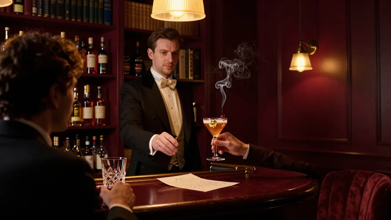 A butler serves a golden cocktail in a hidden bar behind a bookshelf, soft light highlighting a handwritten note on the bar.