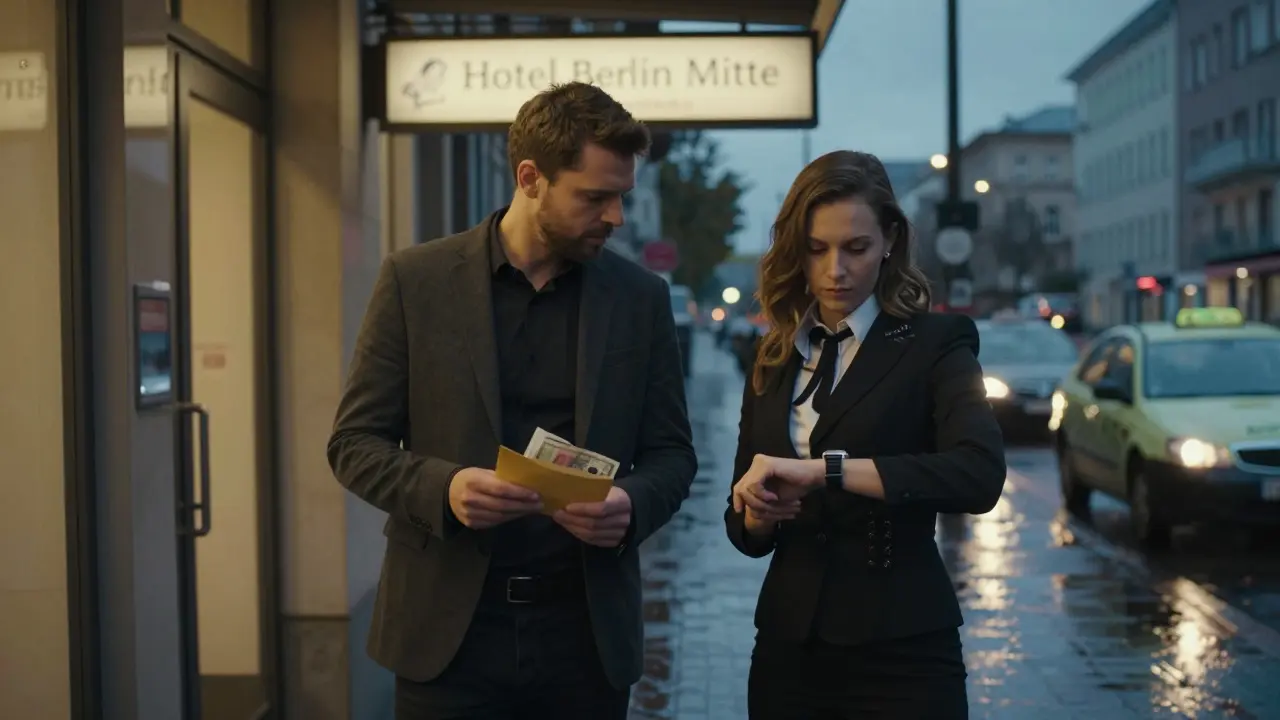 A client and escort exchange payment outside a Berlin hotel at dusk, maintaining respectful distance.
