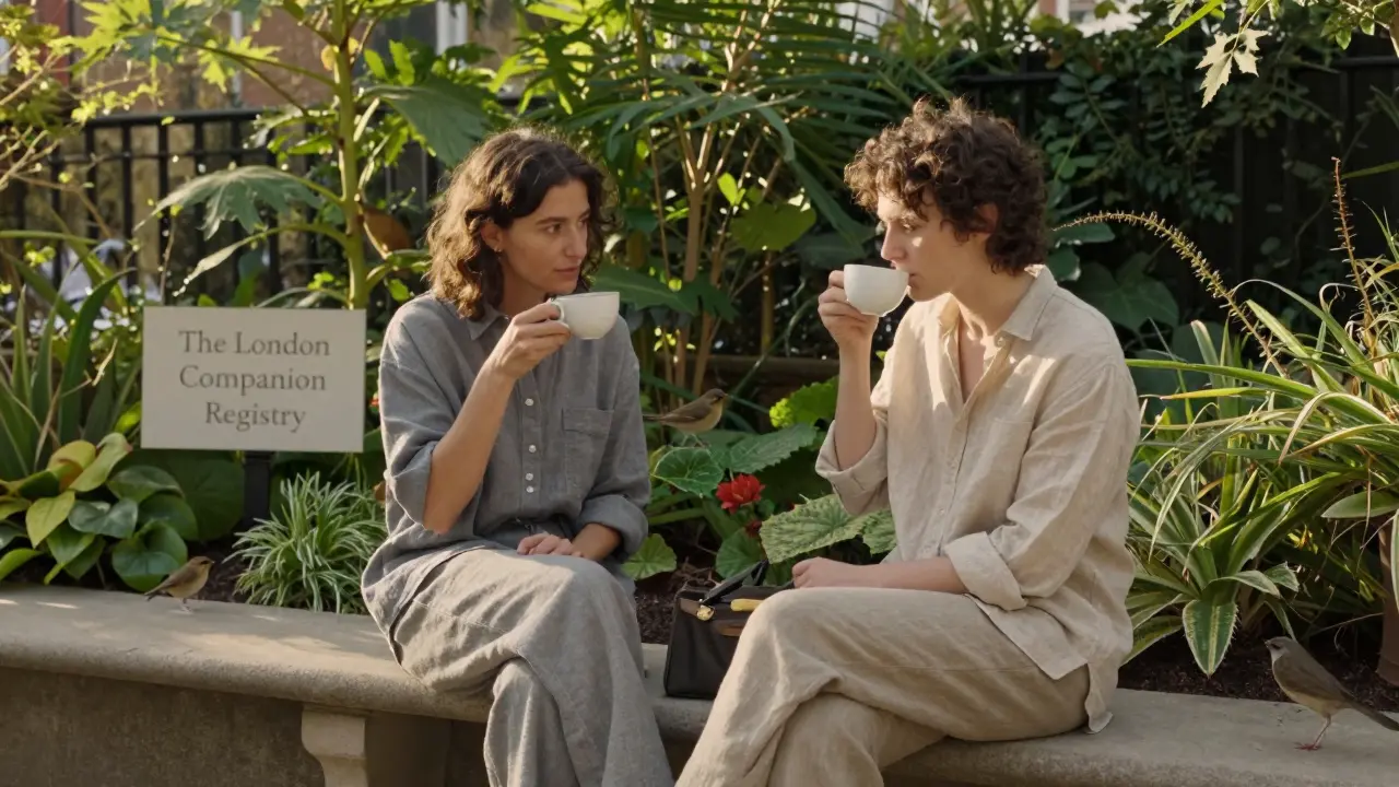 A companion and client sitting in peaceful silence in a private London garden, sharing tea.