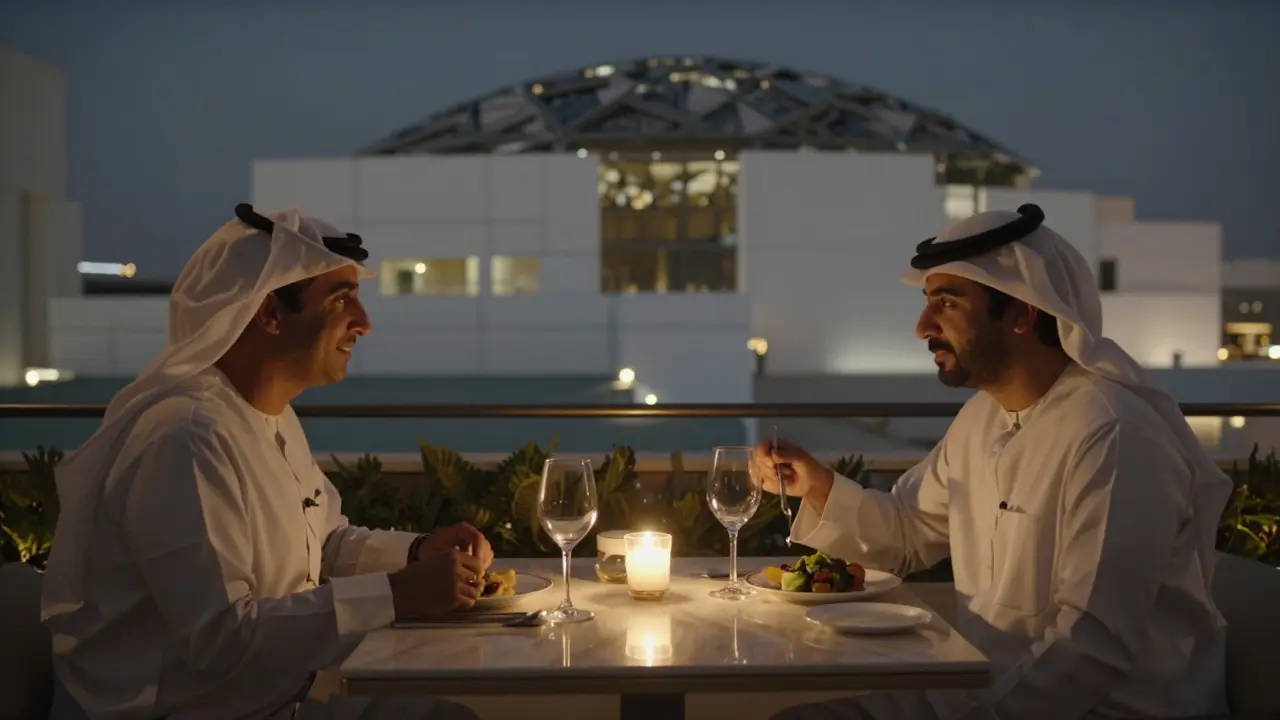 A couple dines privately on a rooftop in Al Bateen, with the Louvre Abu Dhabi in the distance.