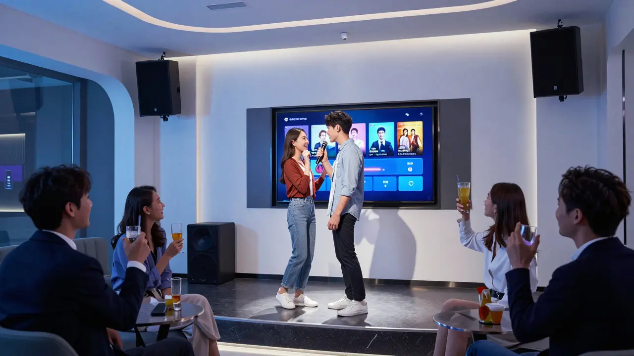 A couple duetting on stage at a modern karaoke lounge with a digital song display and cheering patrons