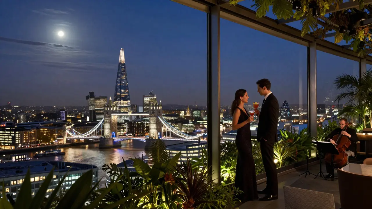A couple enjoys cocktails at Sky Garden with a breathtaking view of London’s night skyline.