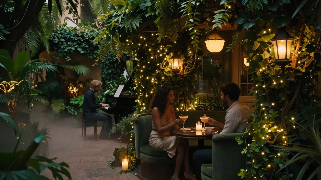 A couple enjoys intimate cocktails in a hidden garden bar surrounded by ivy and soft lantern light.