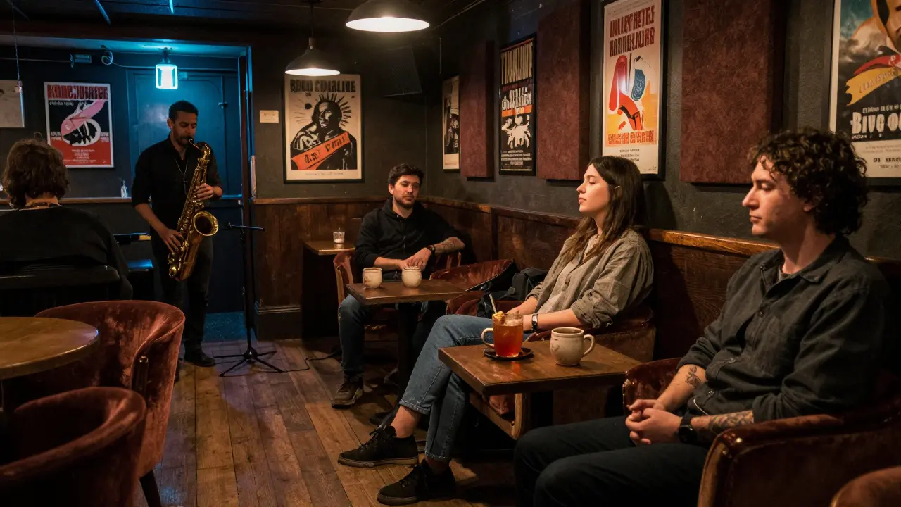 A couple listening intently to live jazz in a cozy basement club, surrounded by velvet chairs and warm low lighting.