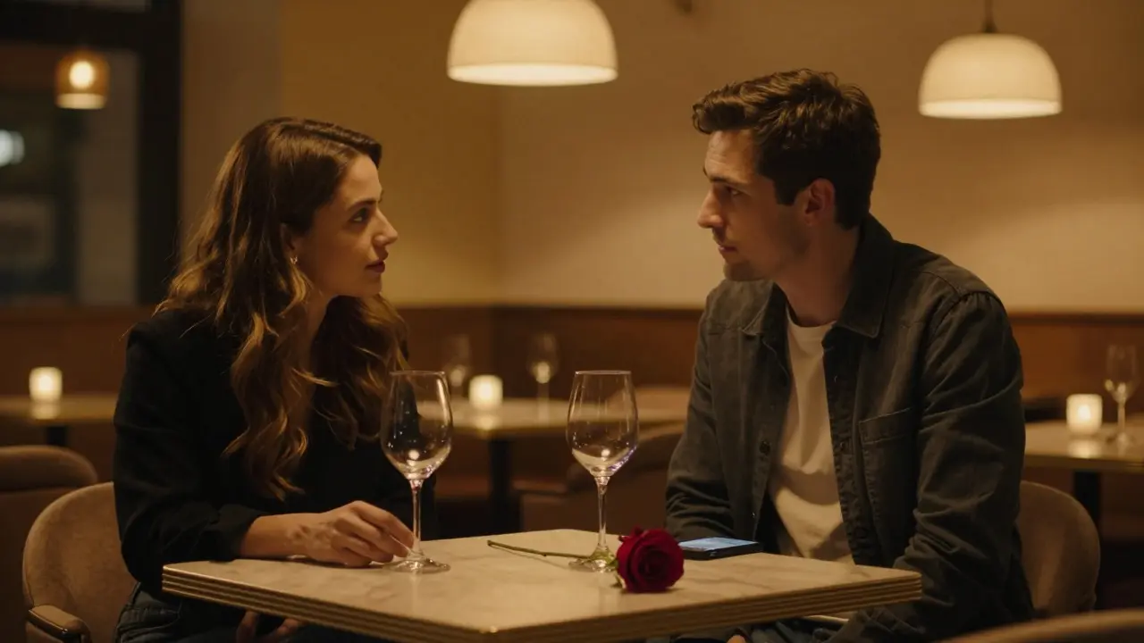 A couple sits in a softly lit Milan lounge, phones away, wine glasses empty, engaged in quiet, respectful conversation.