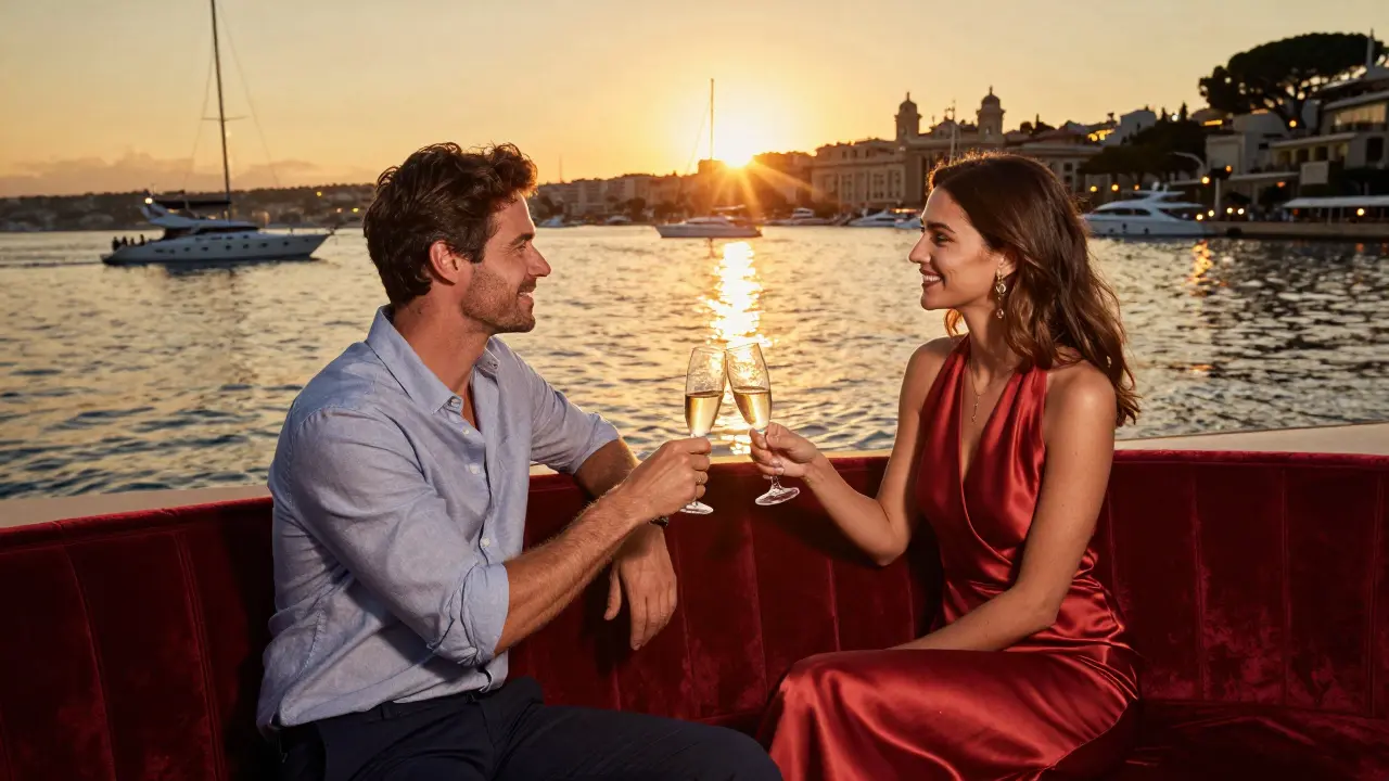 A couple watches the sunset over Monaco's harbor from a velvet booth, champagne flutes in hand.