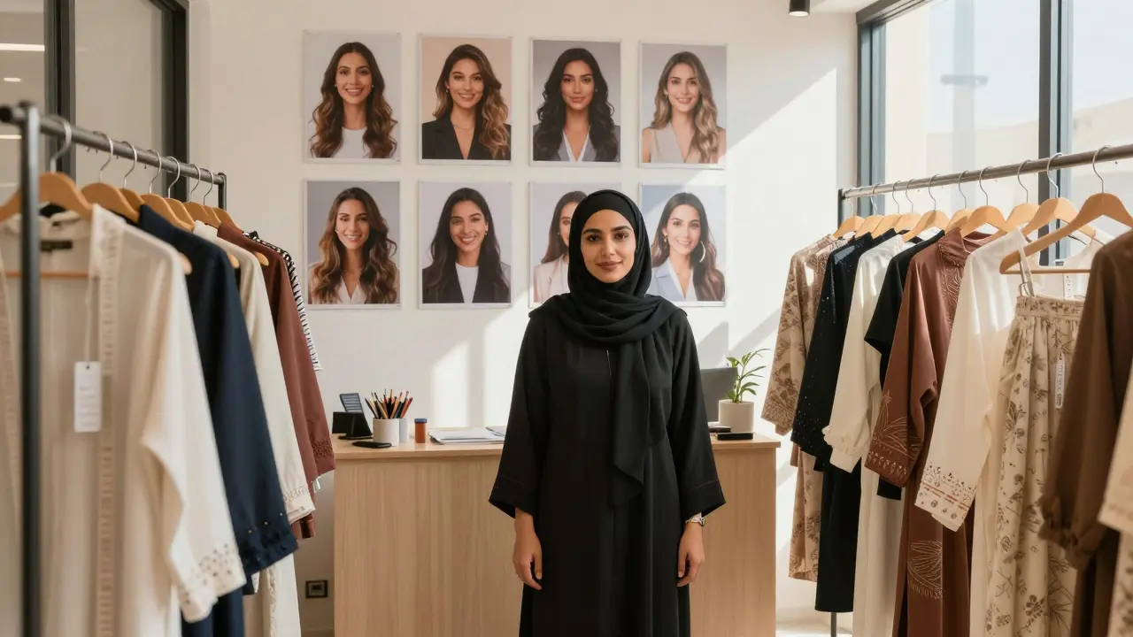 A former escort runs a fashion studio in Dubai, surrounded by women she employs, natural light filling the space with hope.