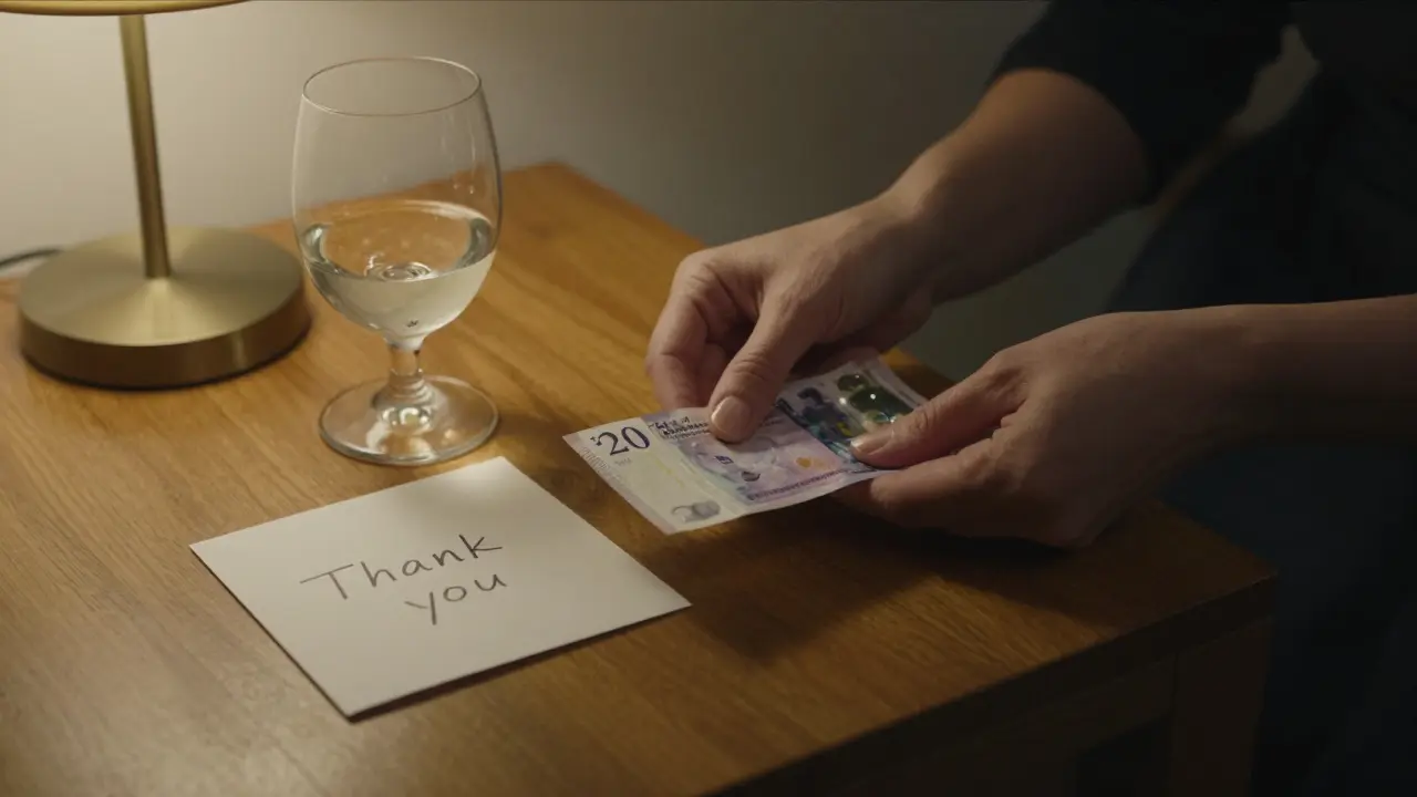 A £20 tip left on a coffee table beside a glass of wine and a handwritten note, symbolizing a respectful end to an encounter.