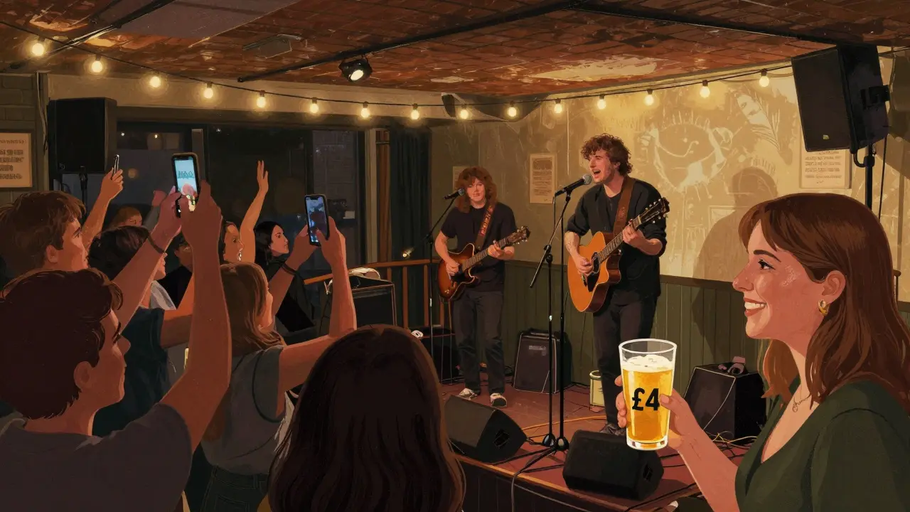 A live band performing at a free Thursday night music event in a crowded basement venue with audience recording on phones.