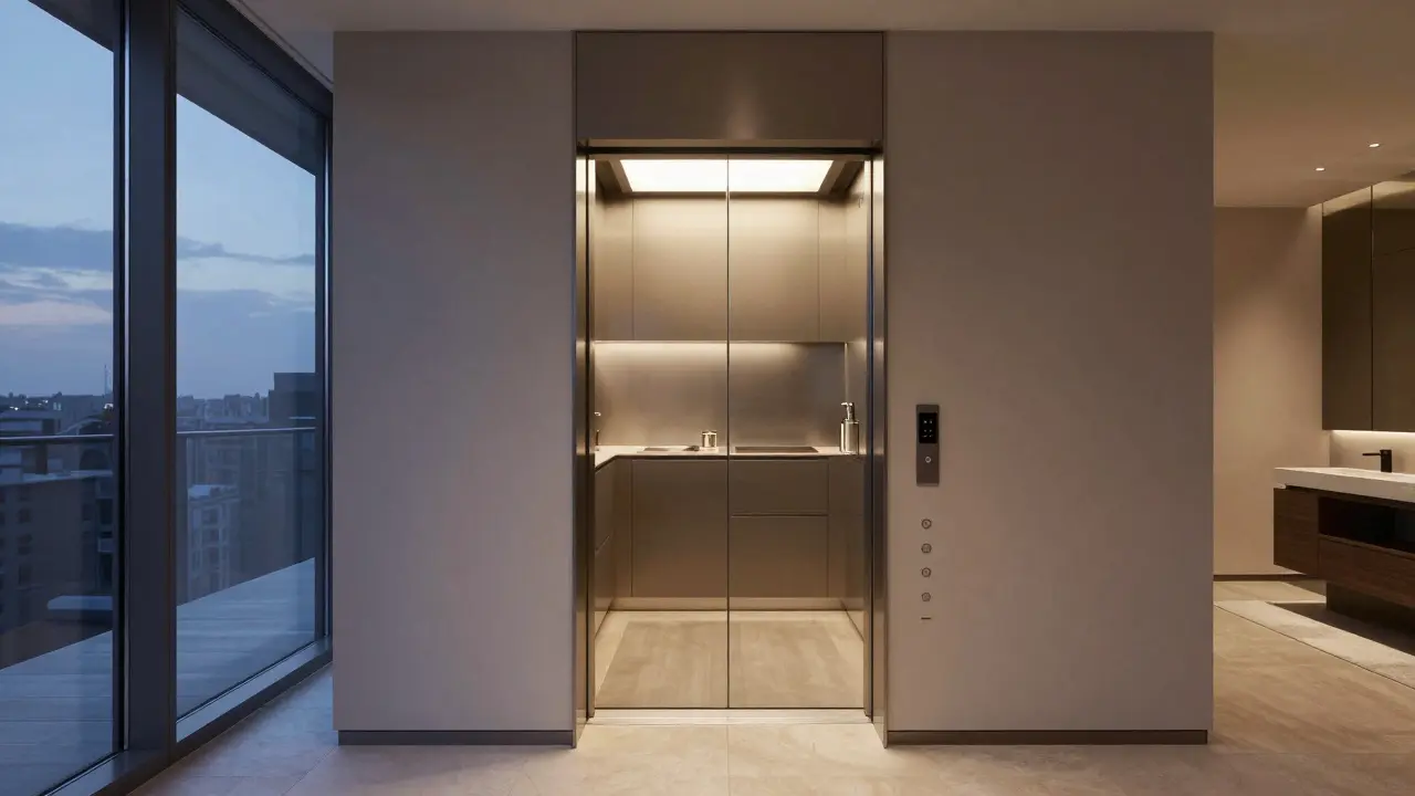 A luxury suite with private elevator access and keycard entry, no staff present.